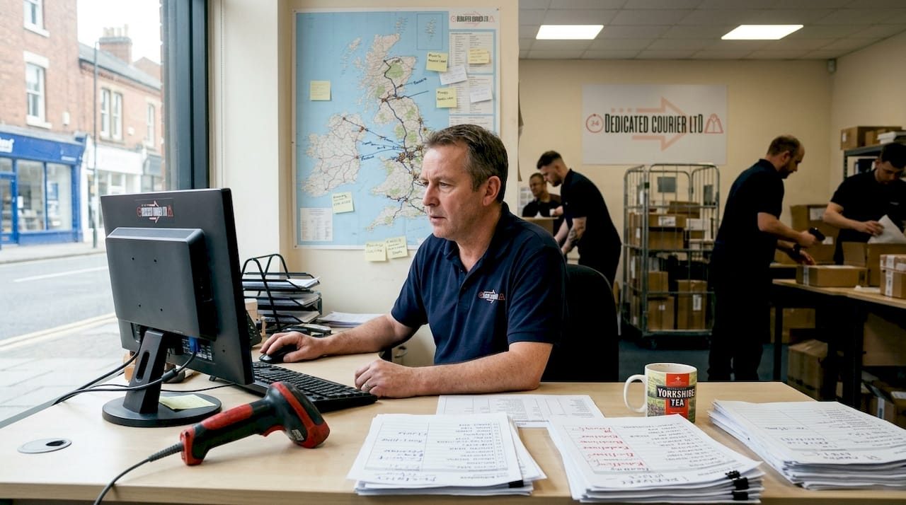 Courier coordinator managing urgent dispatch