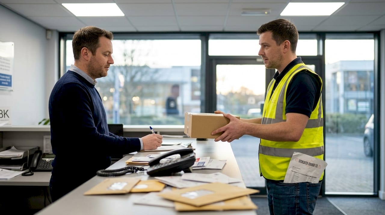 Courier driver delivering parcel to office