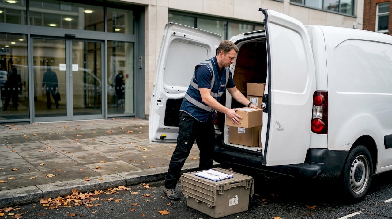 Courier unloading packages at UK office