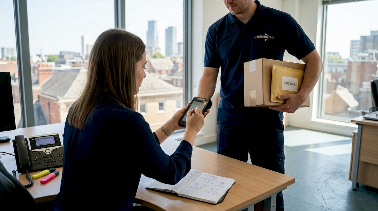 Office admin signing for same-day delivery
