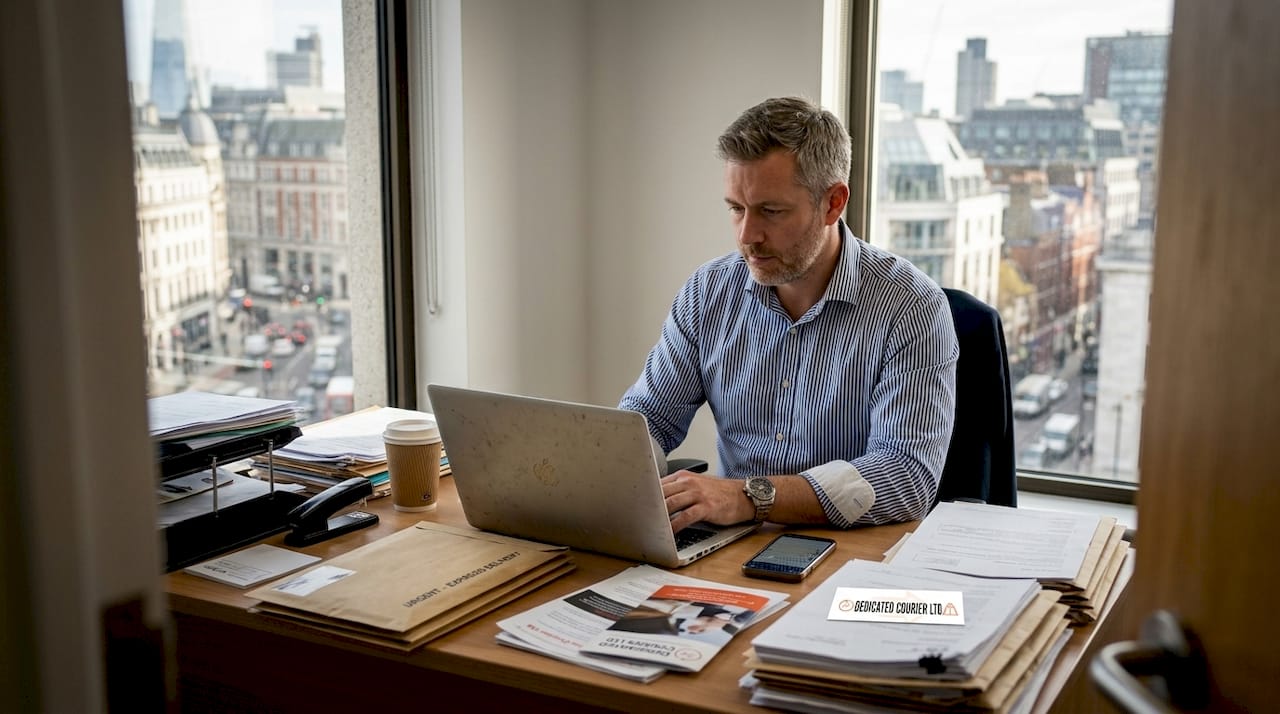 Office manager reviewing urgent document couriers