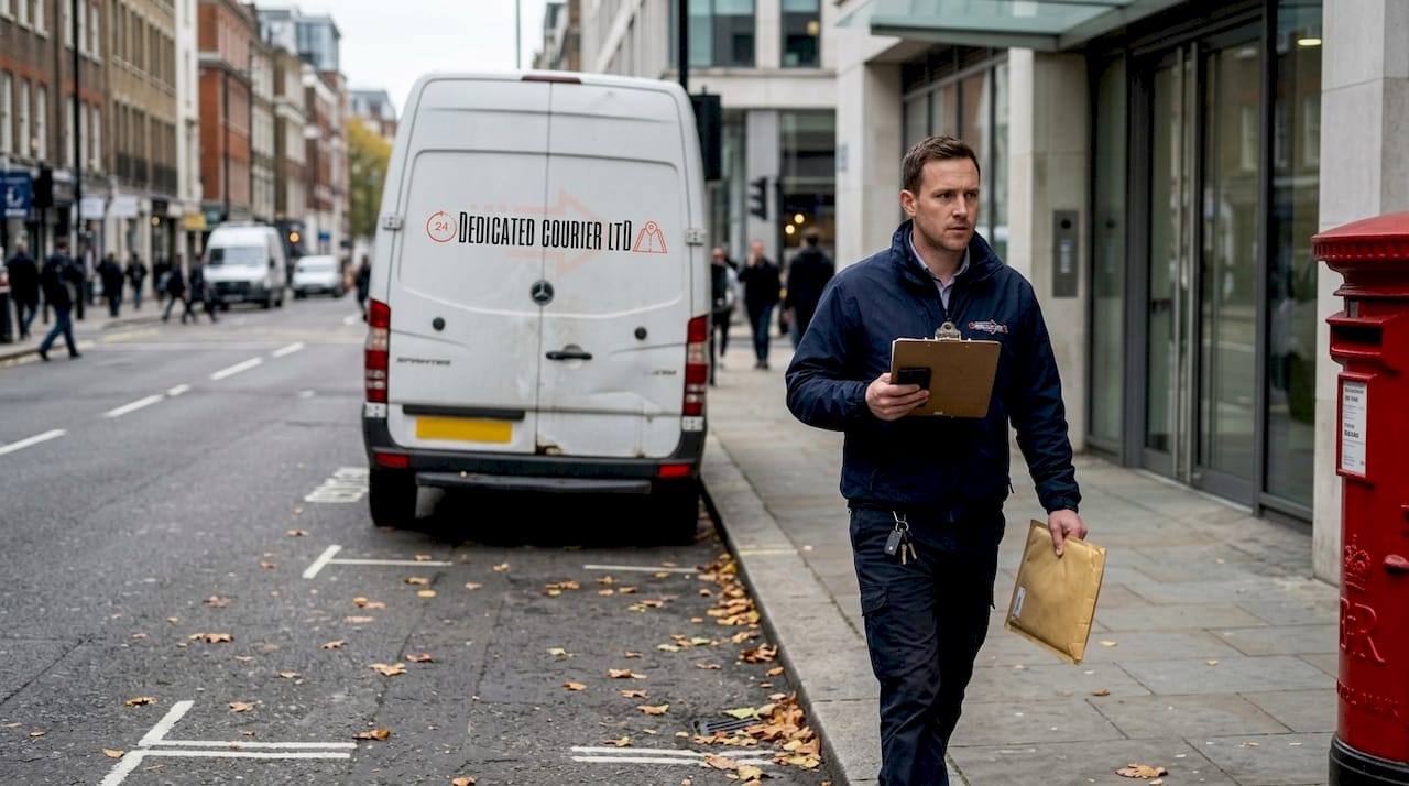 Van courier delivering documents to office doorway