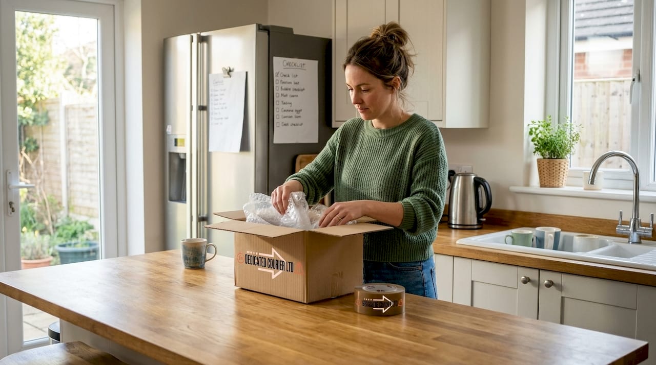 Woman packing parcel at home kitchen counter