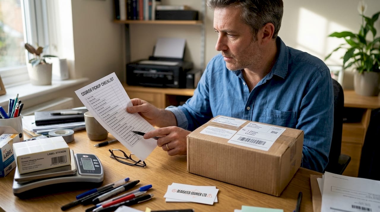 Man checking parcel and list at desk