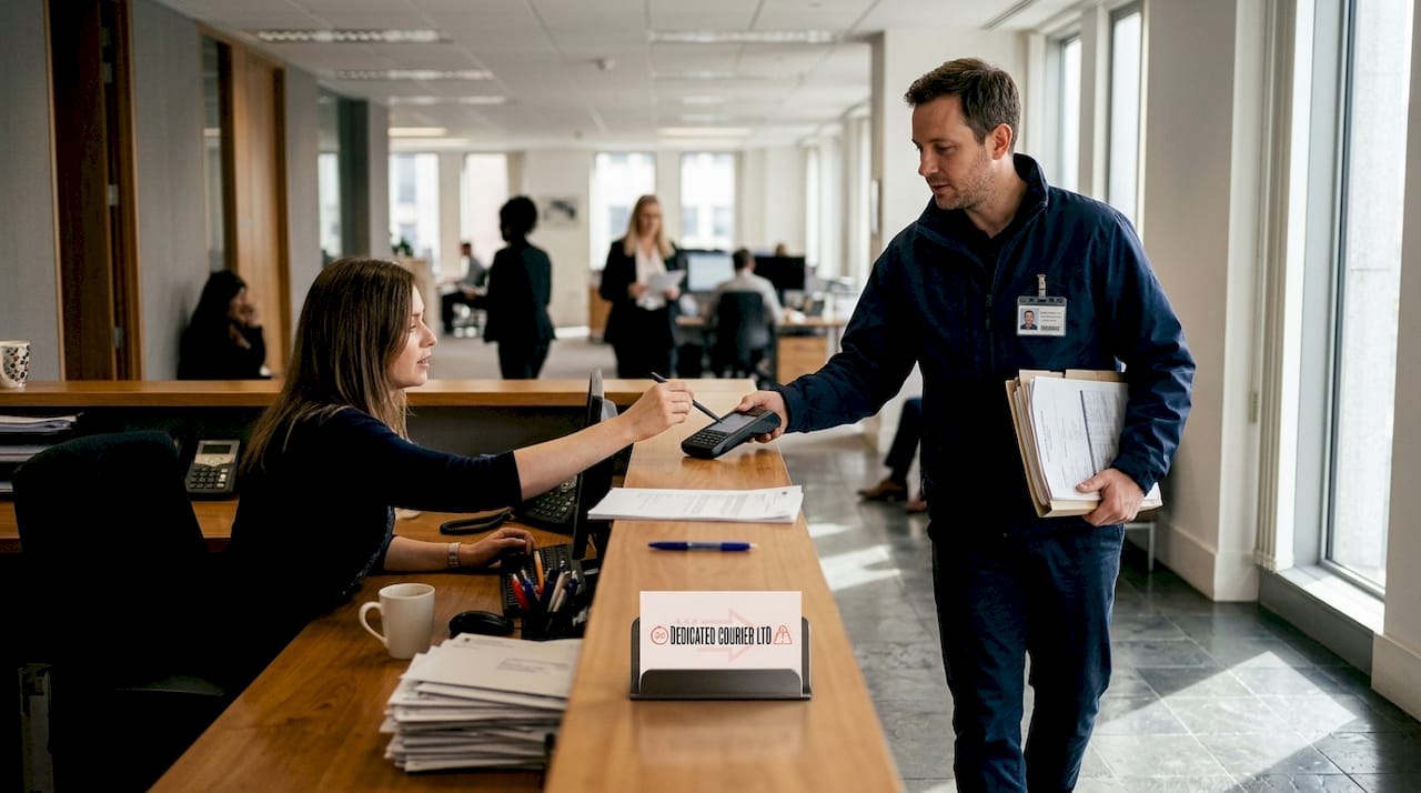 Document courier delivering paperwork at law firm