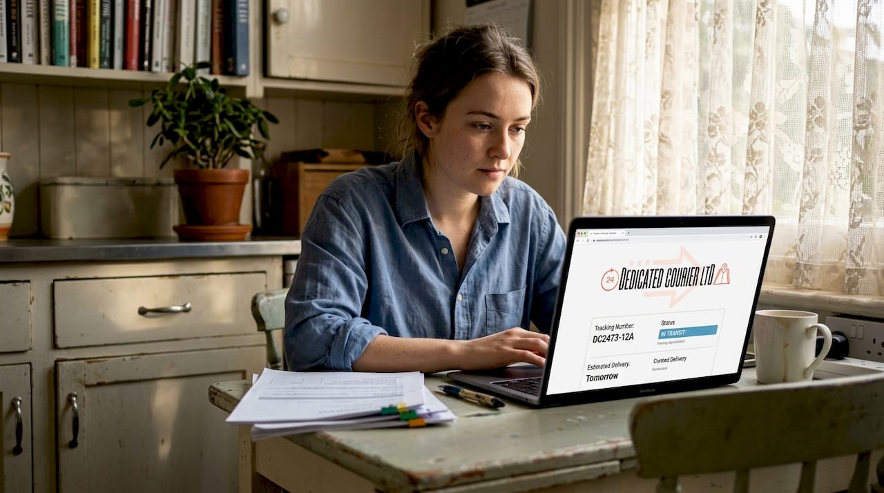 Woman tracking couriered documents at home