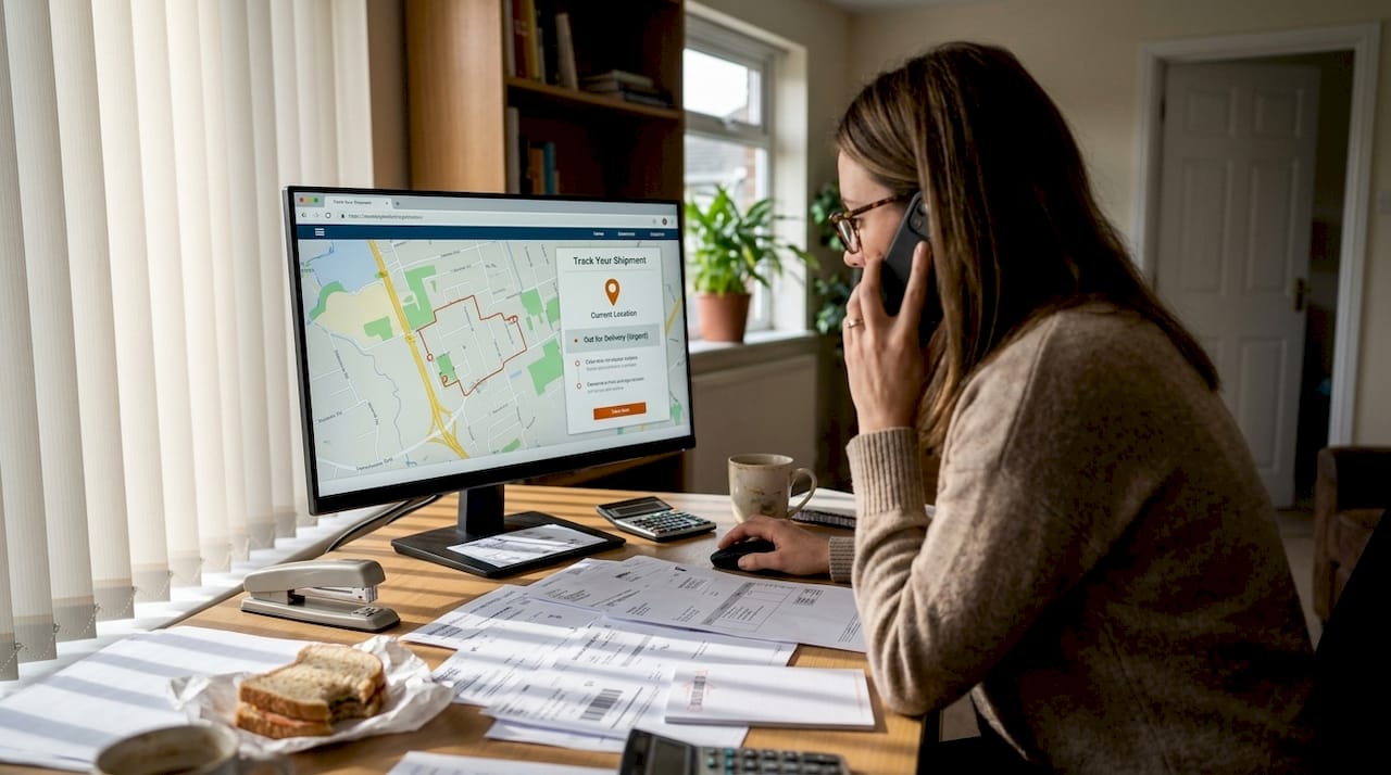Person tracking insured package at home desk