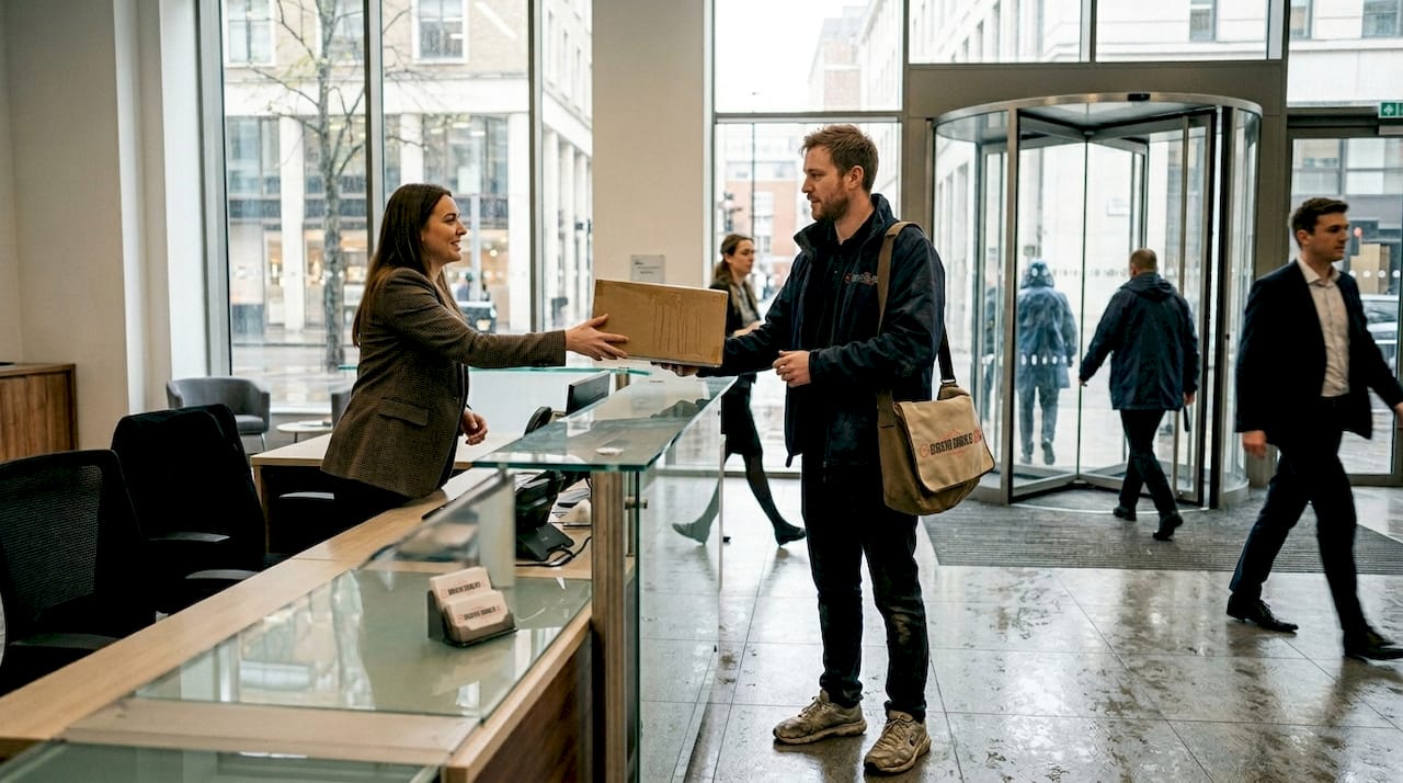 Courier handoff in UK city office lobby