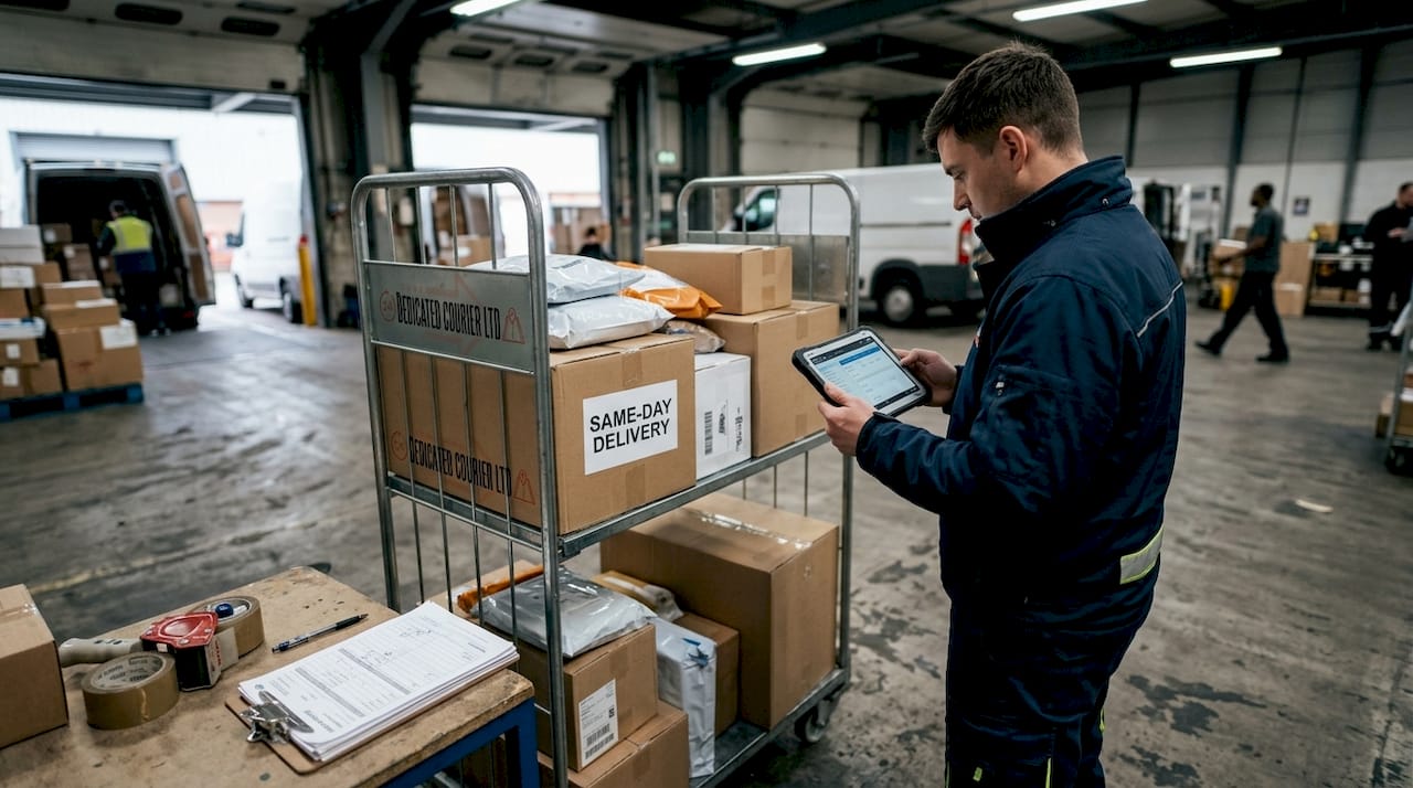 Courier preparing same-day delivery at warehouse