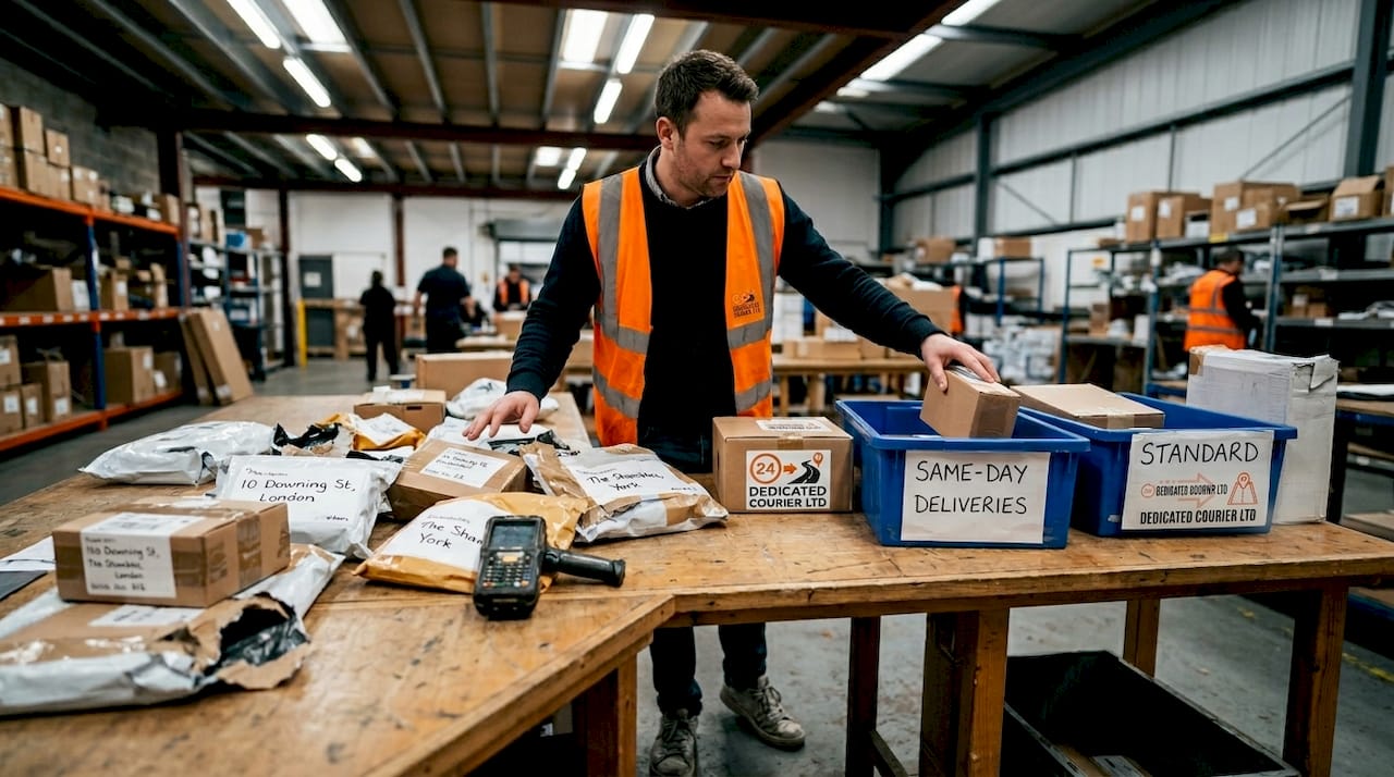 Courier sorting parcels for delivery types