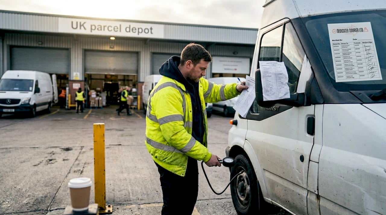 Courier inspecting delivery van tyres at depot