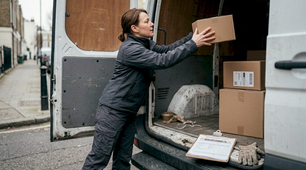 Courier securing parcels during van loading