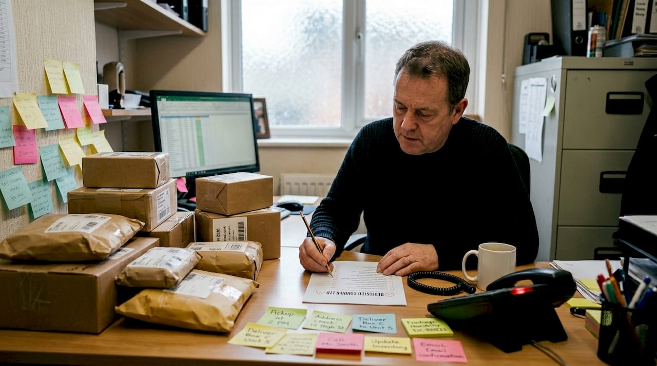 Manager ticking delivery checklist at busy desk
