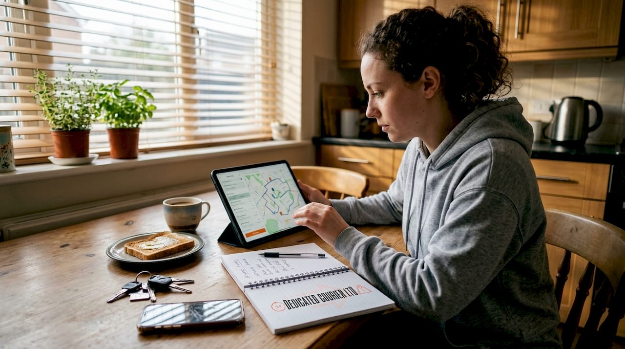 Coordinator planning deliveries with tablet in kitchen