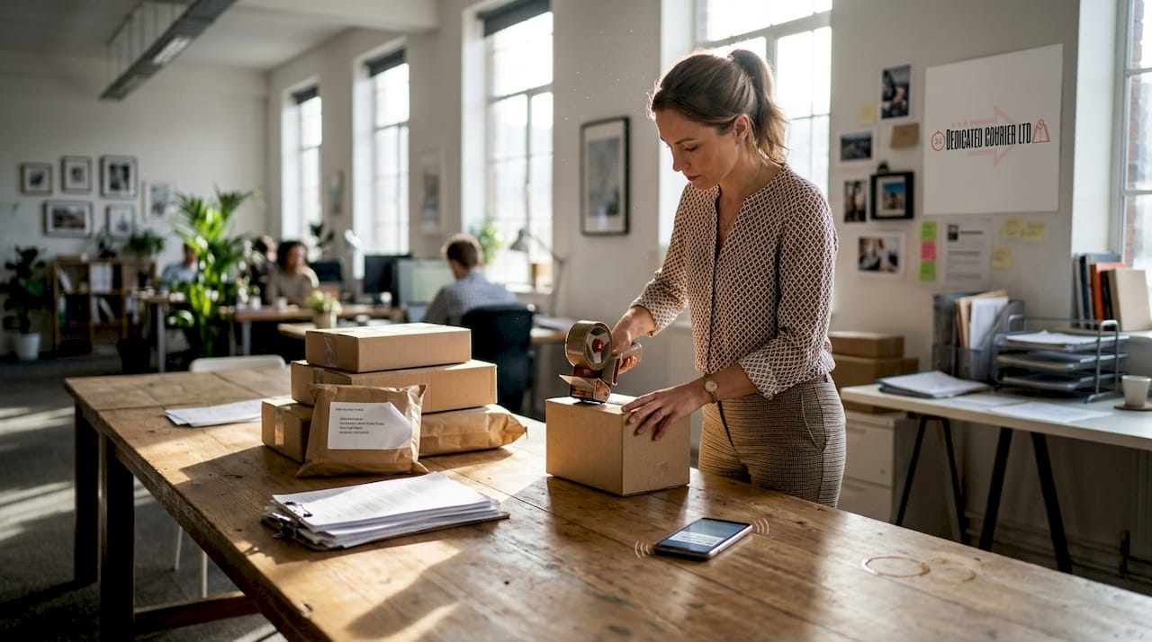 Office worker packing urgent delivery box