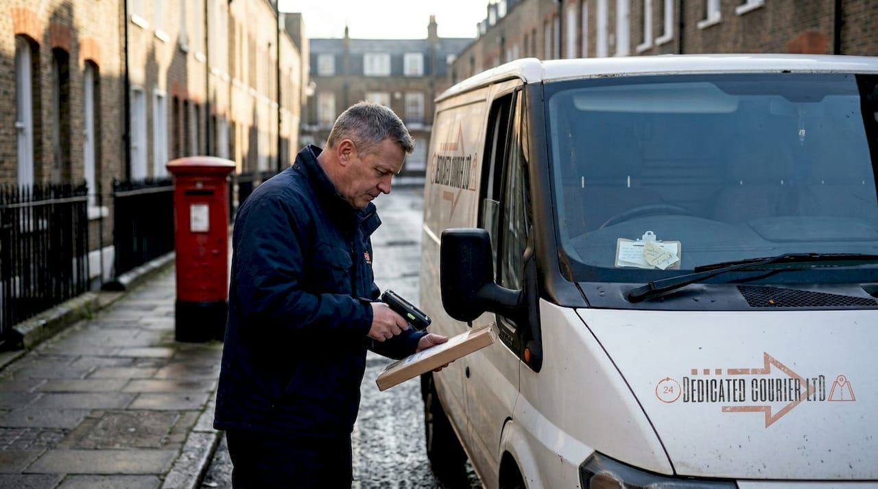 Courier delivering parcel on London street