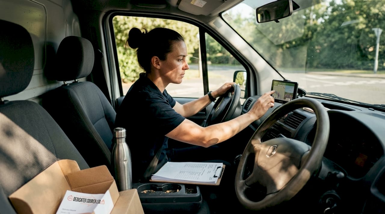 Courier reviews GPS route in delivery car