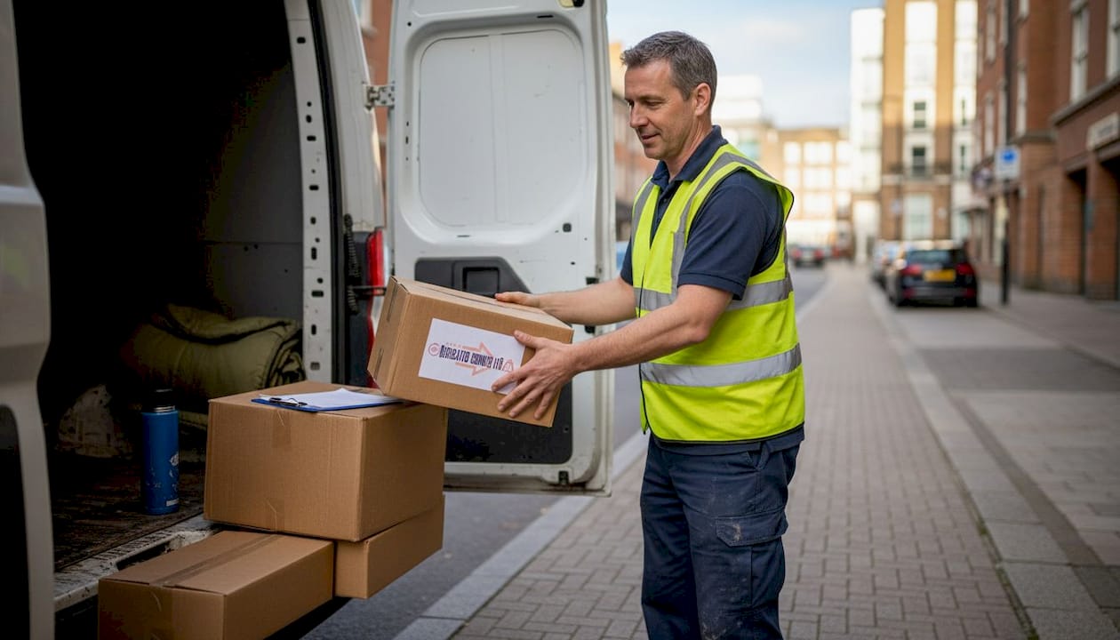 Courier loads parcels into delivery van