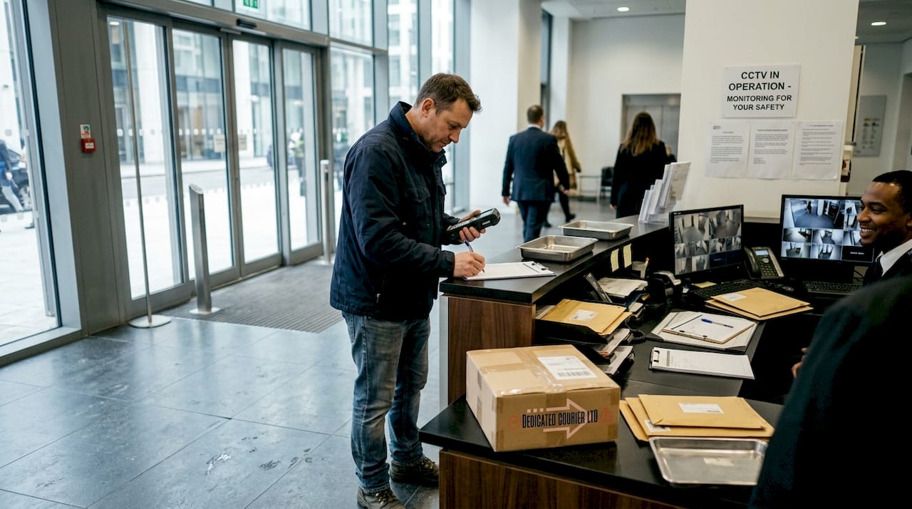 Courier signing for package at office security desk