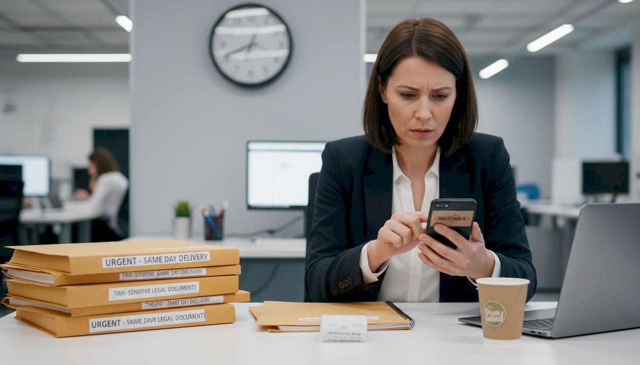 Worried businesswoman tracking urgent document delivery