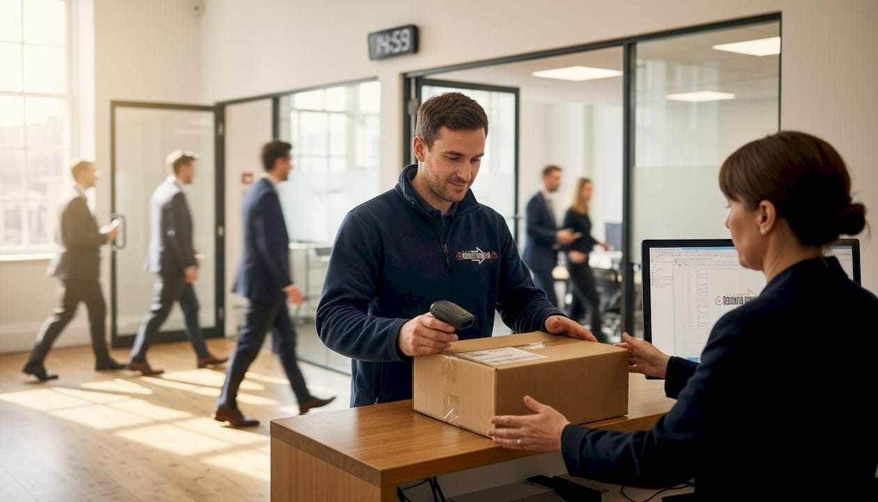 Courier delivering urgent parcel in law office