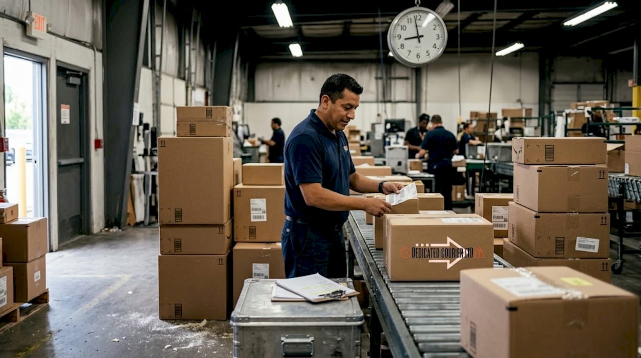 Warehouse worker sorting parcels for delivery