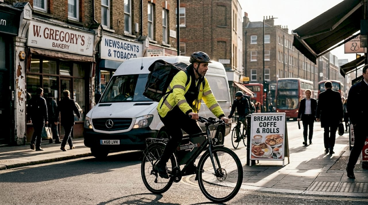 Cycle courier delivering on busy London street