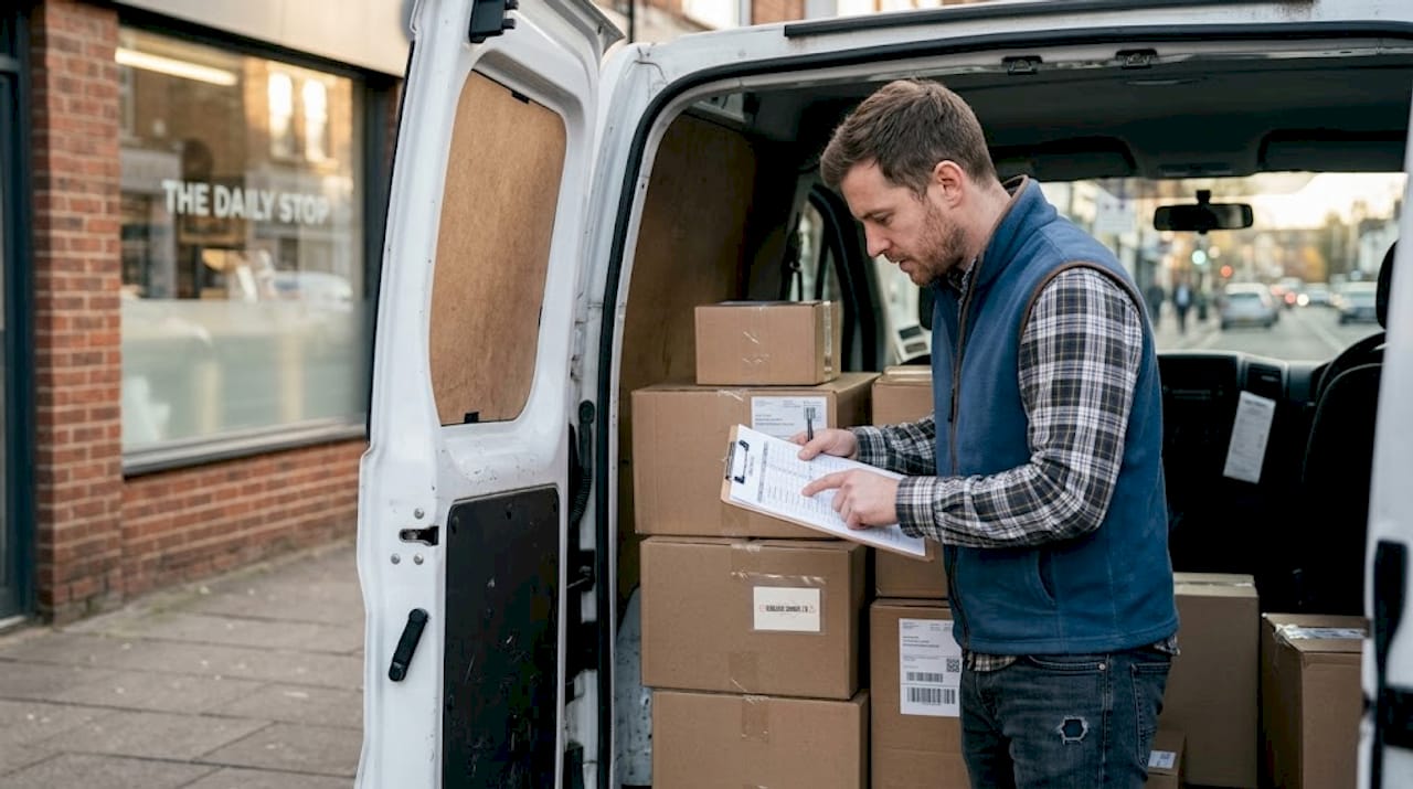 Delivery driver matching manifest to boxes in van
