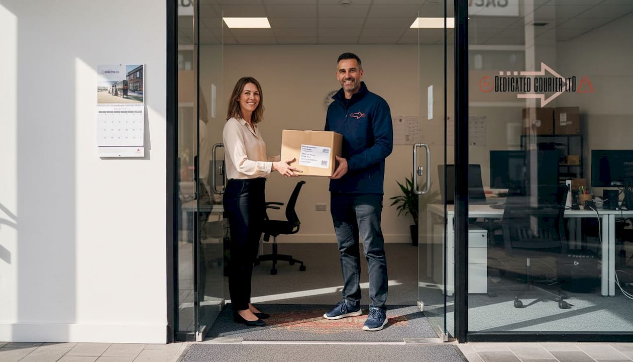Courier handing box to office worker inside lobby