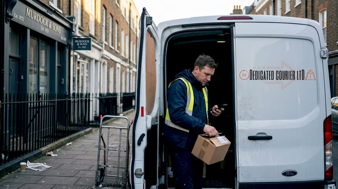 Courier unloading urgent parcel from van