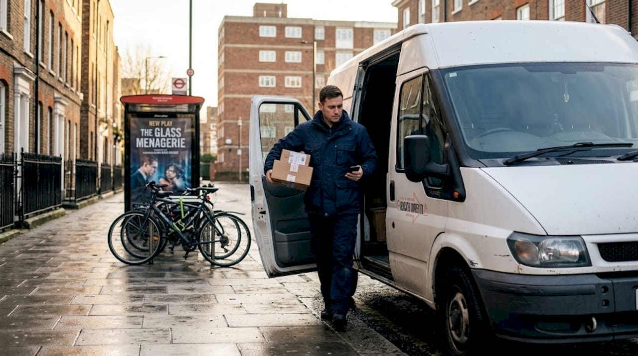 Courier delivering parcels in city street