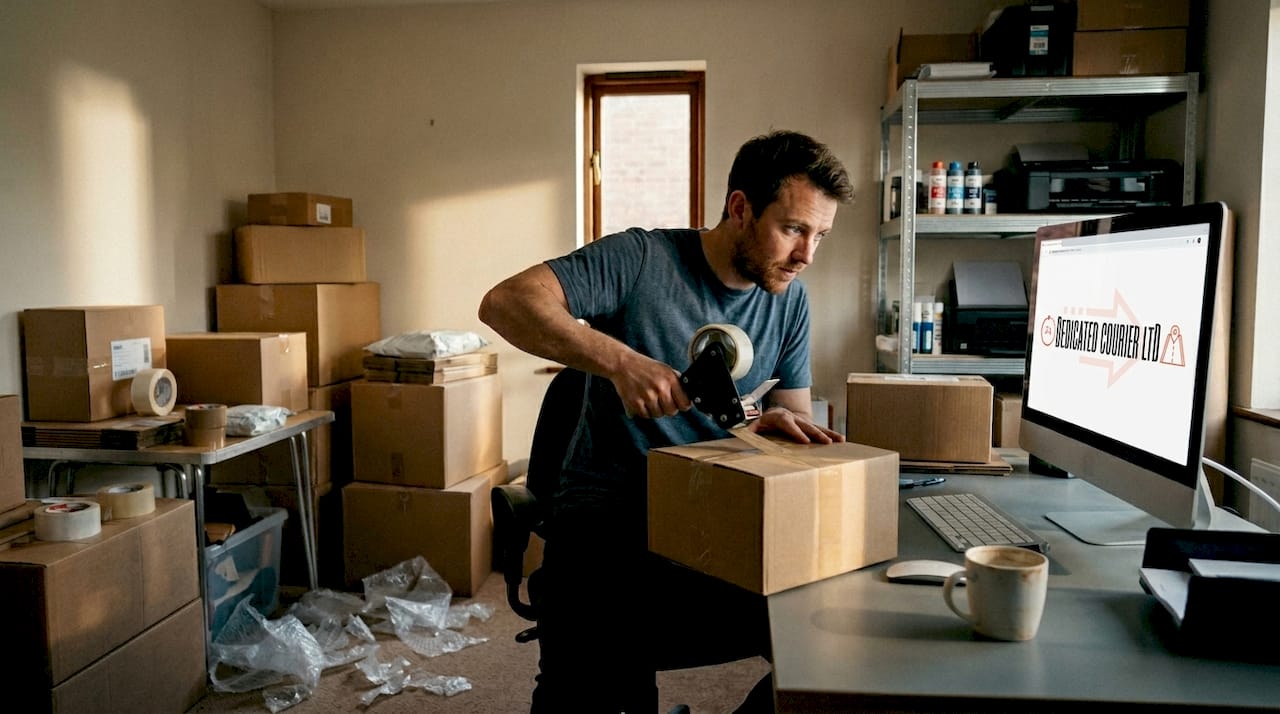 E-commerce seller packing orders for courier