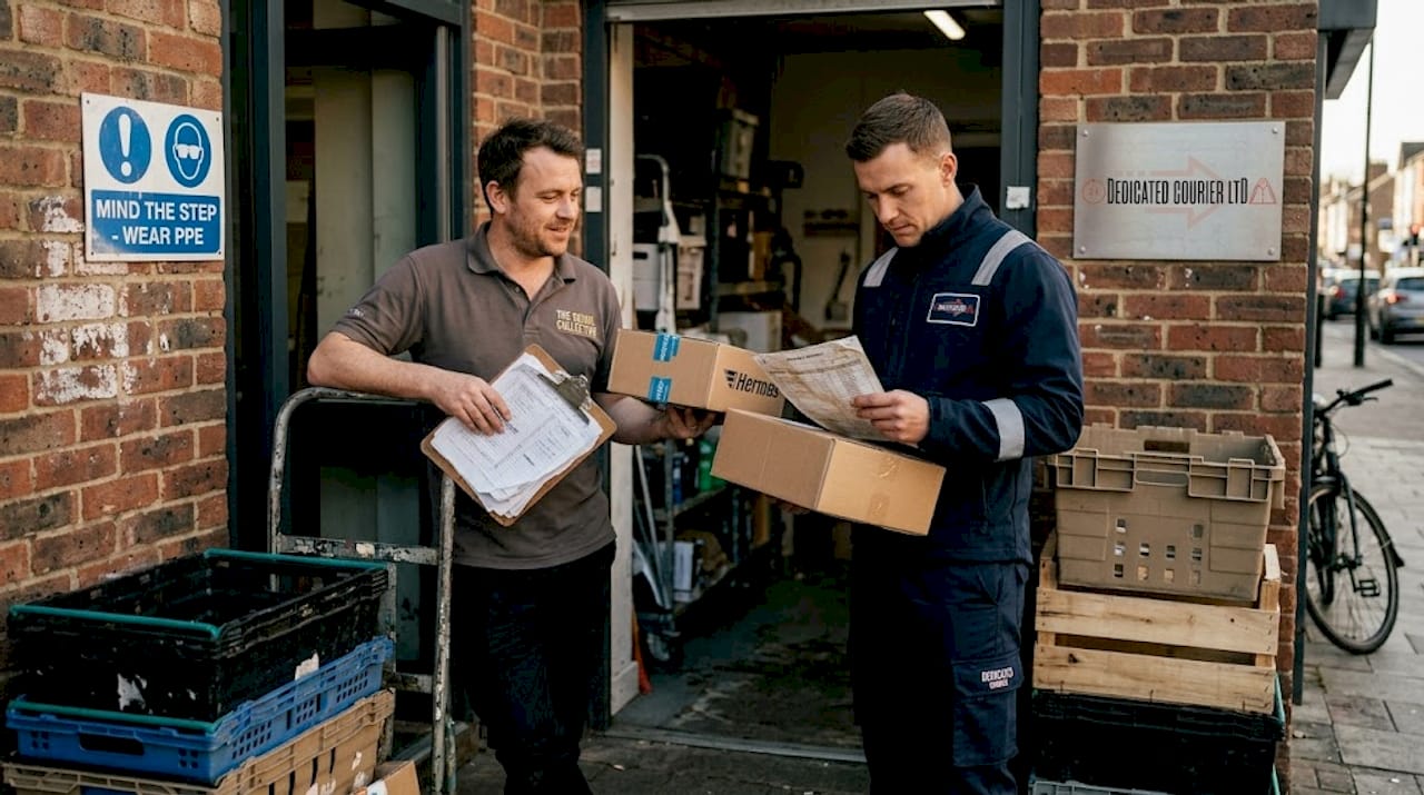 Retail manager handing parcels to courier outside shop