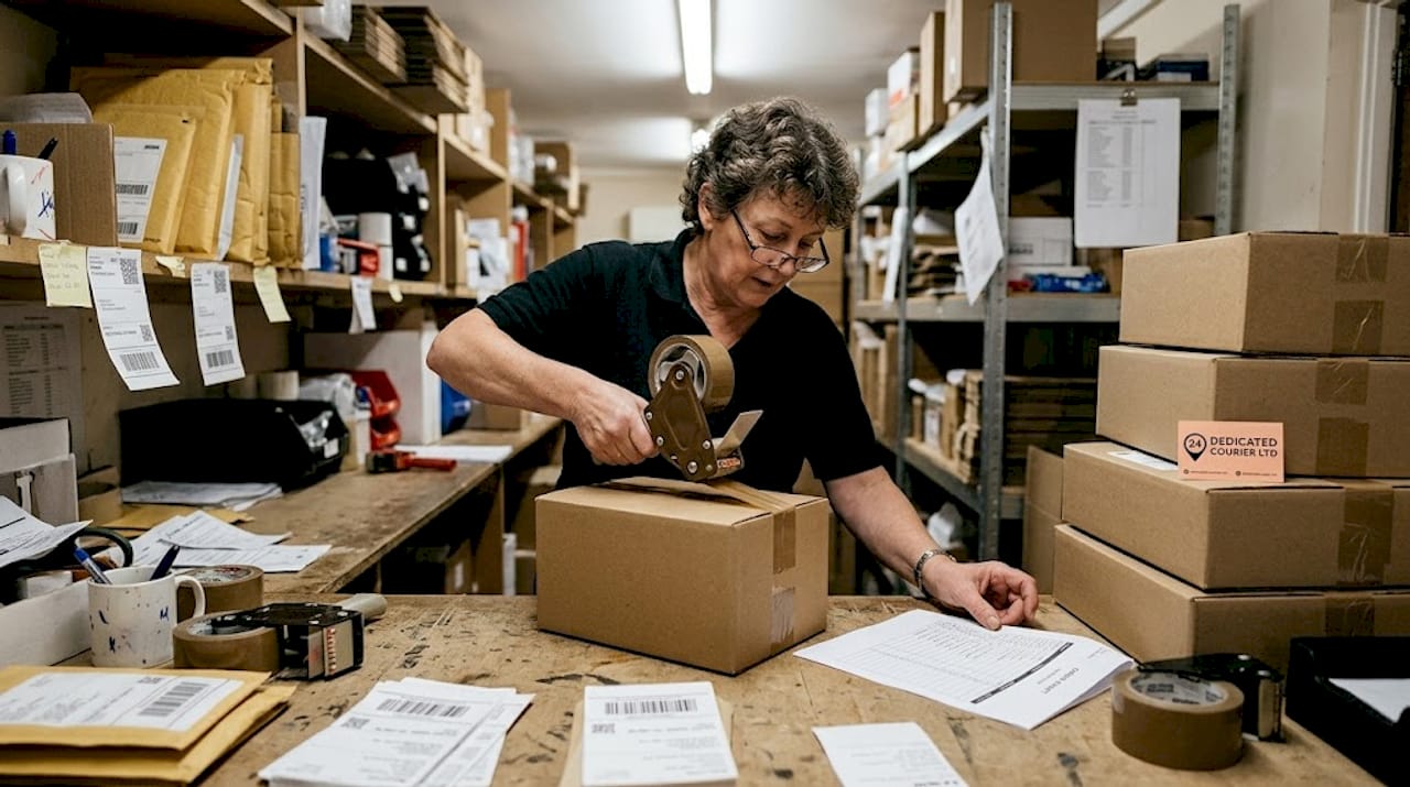 Staff member packing orders in cluttered stockroom