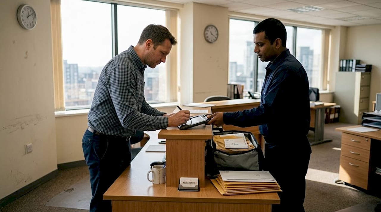 Office coordinator hands off package to courier