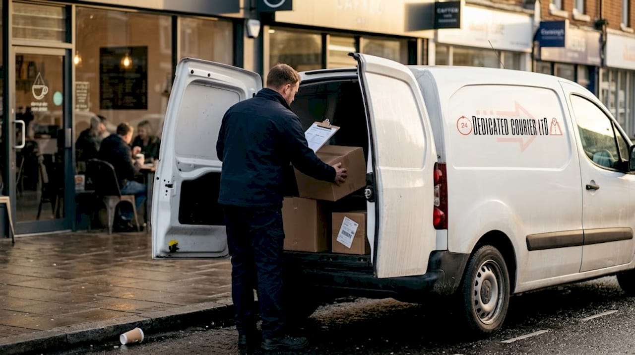 Courier loads package into van for urgent delivery
