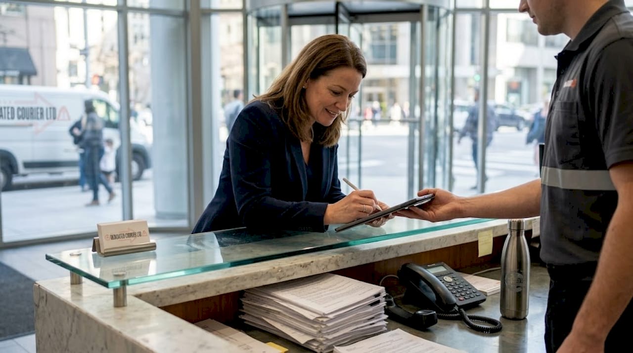 Office manager signs for urgent courier delivery