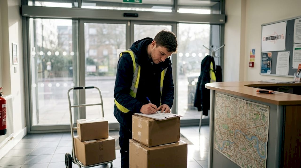 Courier signing parcels in London office lobby