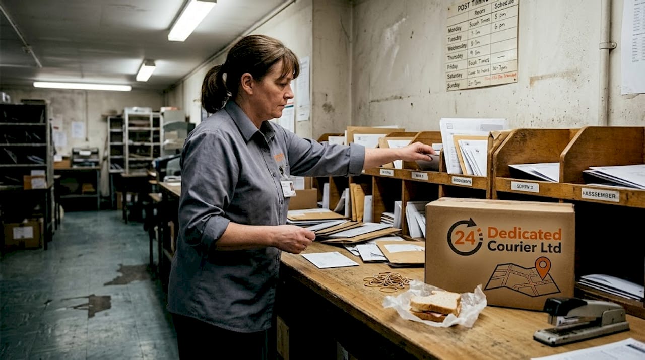 Mailroom worker sorting post and parcels