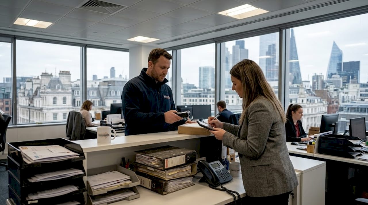 Courier delivers urgent package in London office