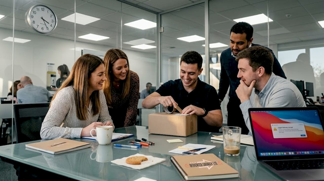 Team receiving urgent delivery at meeting table