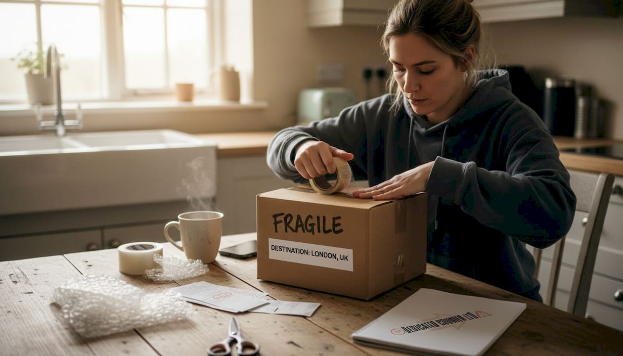 Woman prepares package for urgent shipment