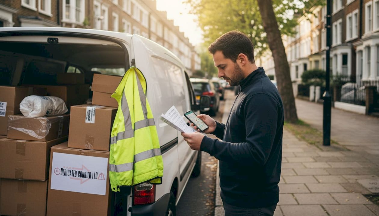 Courier checks manifest next to delivery van