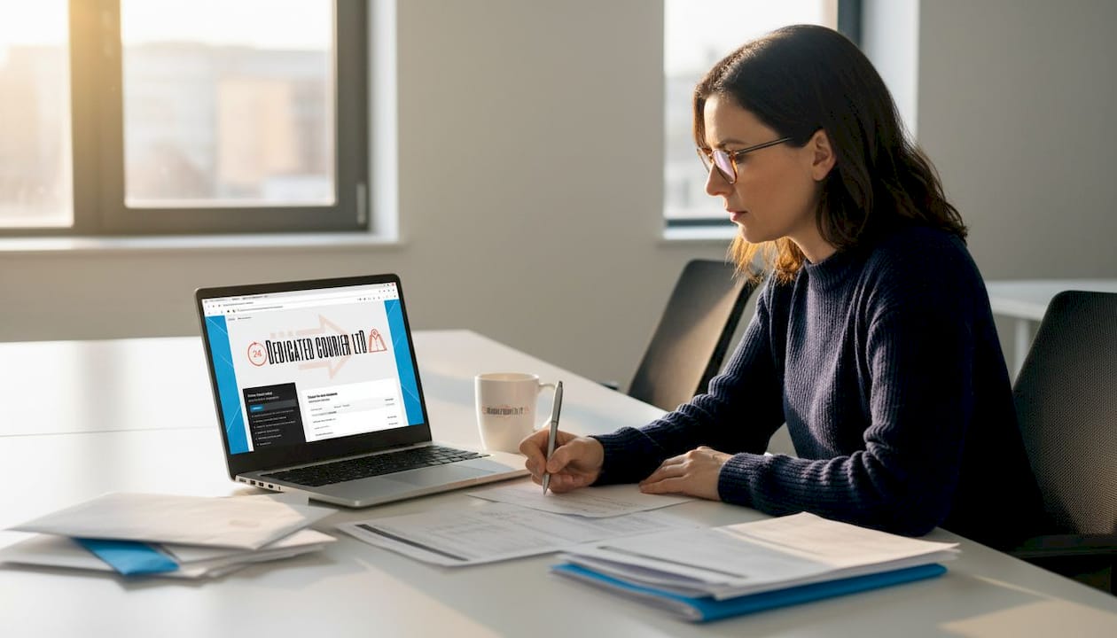 Manager verifying courier quote on laptop