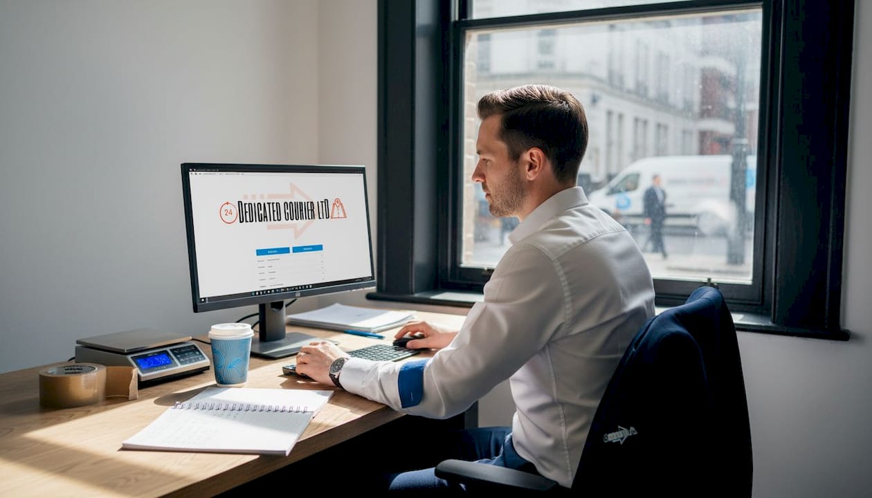 Business owner requesting courier quote at office desk