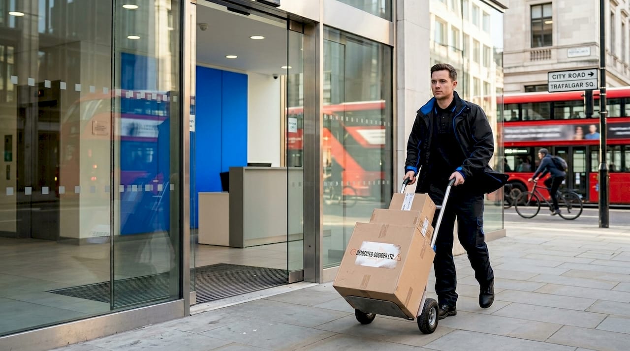 Courier delivering package in busy city