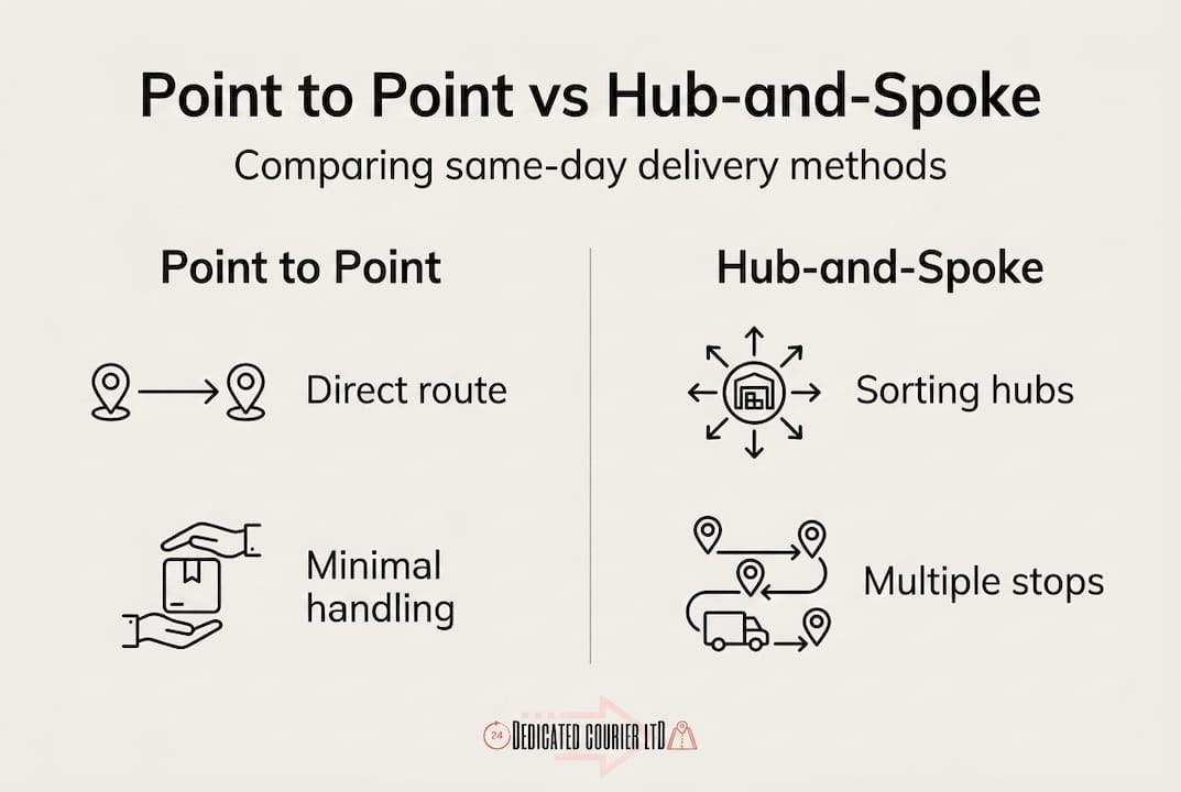 Infographic comparing delivery methods point to point vs hub