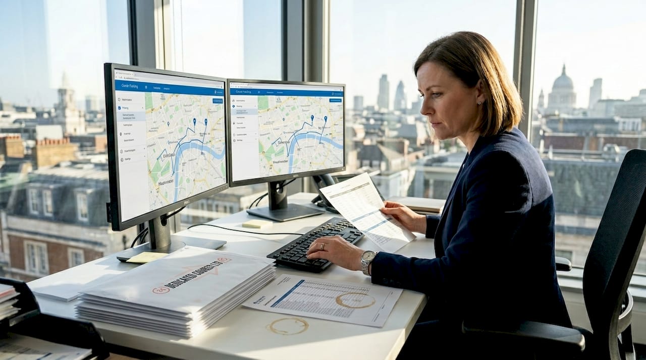 Logistics manager reviews courier tracking maps