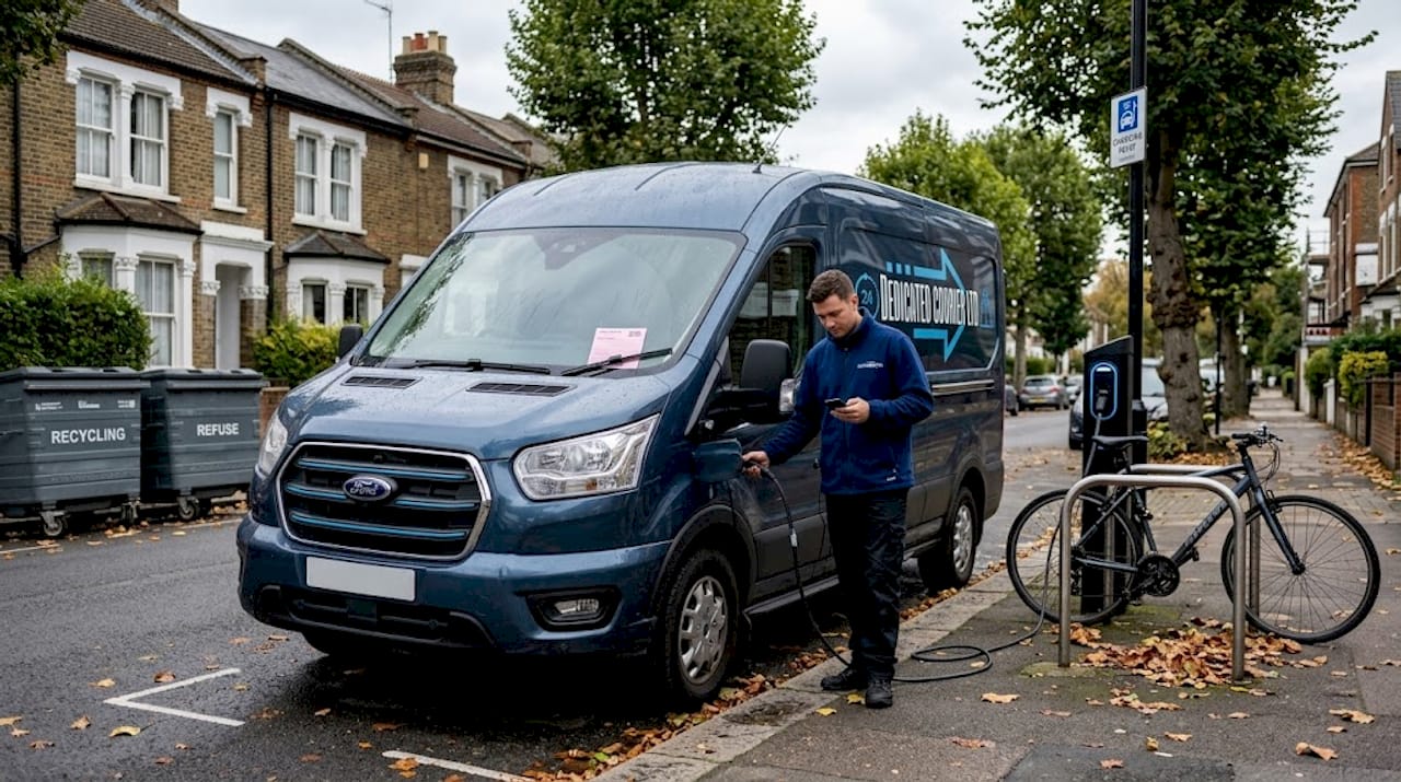 Electric courier van charging on city street