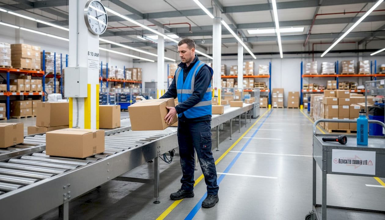 Courier sorting parcels in busy UK warehouse